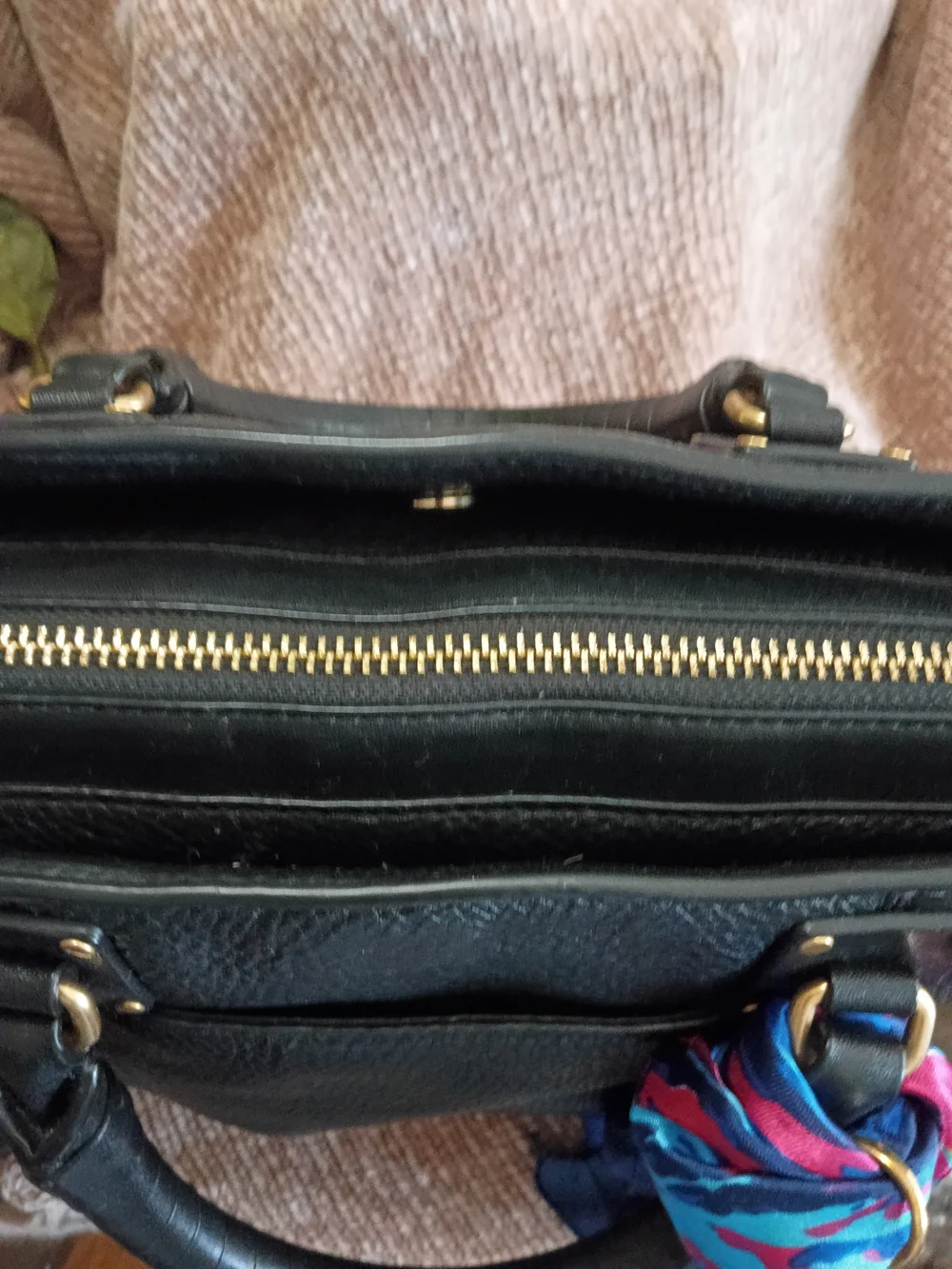 Rebecca Minkoff Black Pebbled Leather Satchel with Blue Multi-Color Scarf